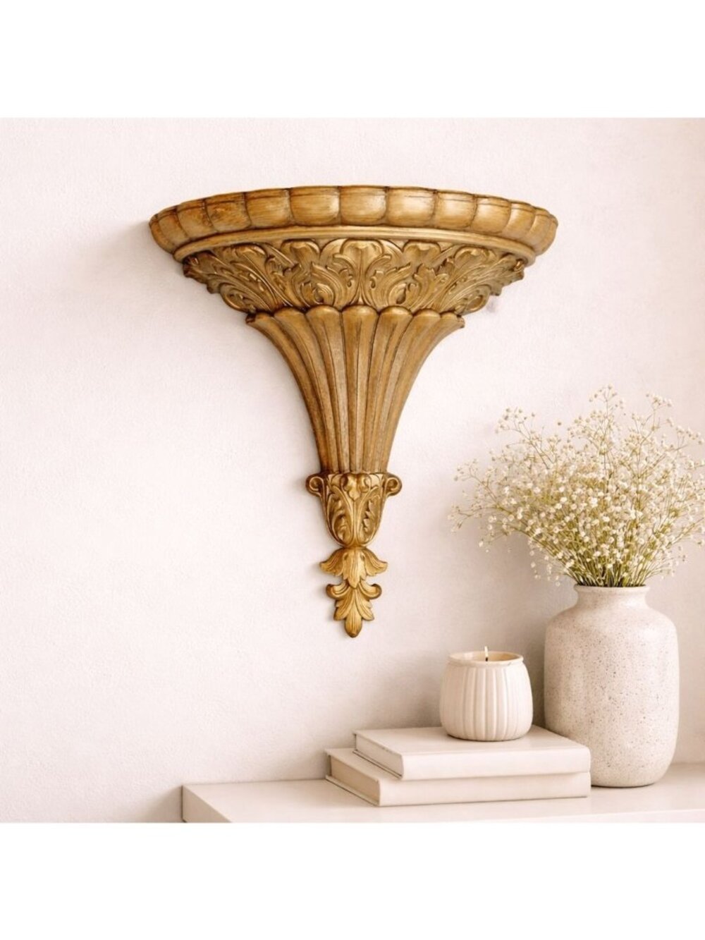 Vintage Burwood Wall Pocket Planter Gold Hollywood Regency Florentine Shelf 1970